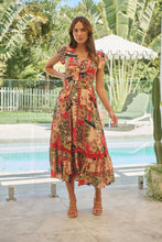 Load image into Gallery viewer, Augustina Beige/Red/Navy Patchwork Button Front Maxi Dress