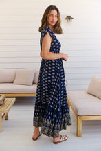 Load image into Gallery viewer, Augustina Navy/White/Mustard Floral Button Front Maxi Dress