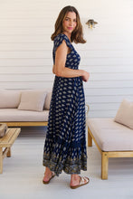 Load image into Gallery viewer, Augustina Navy/White/Mustard Floral Button Front Maxi Dress