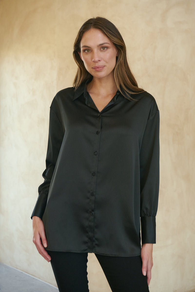 Kristy Satin Oversized Black Button Up Shirt