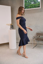 Load image into Gallery viewer, Juliette Off Shoulder Fishtail Ink Evening Dress