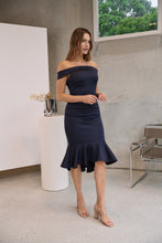Load image into Gallery viewer, Juliette Off Shoulder Fishtail Ink Evening Dress