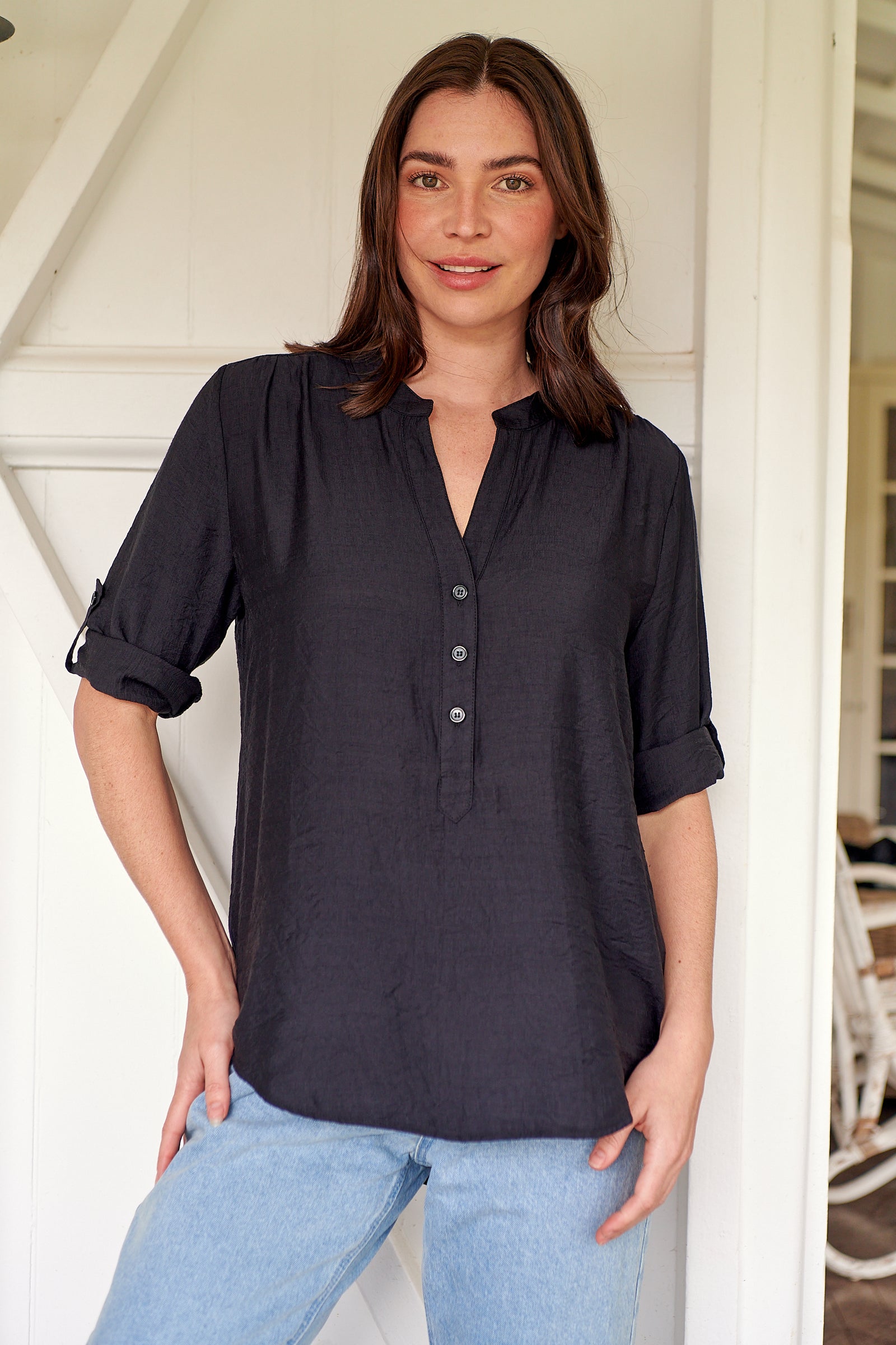 McKenzie Black Long Sleeve Johnny Collar Shirt