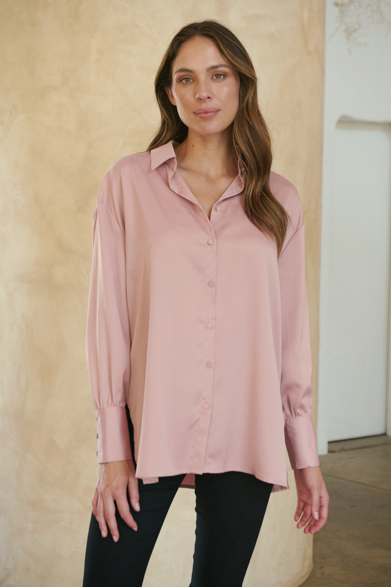Kristy Satin Oversized Blush Button Up Shirt