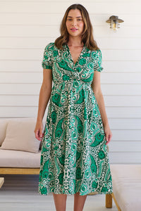 Zaira Green/Beige Print Midi Dress
