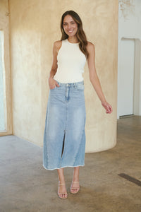 Bella Light Wash Split Front Denim Midi Skirt