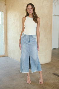 Bella Light Wash Split Front Denim Midi Skirt