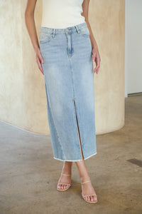 Bella Light Wash Split Front Denim Midi Skirt