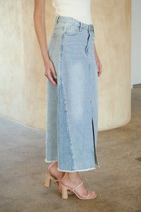 Bella Light Wash Split Front Denim Midi Skirt