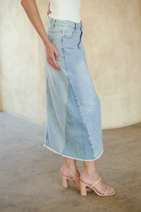 Bella Light Wash Split Front Denim Midi Skirt