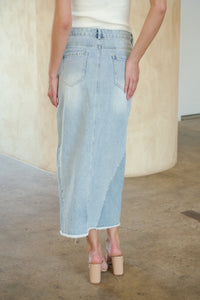 Bella Light Wash Split Front Denim Midi Skirt