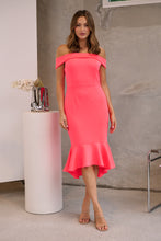 Load image into Gallery viewer, Juliette Off Shoulder Fishtail Fluro Pink Evening Dress