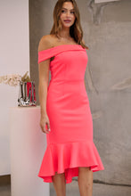 Load image into Gallery viewer, Juliette Off Shoulder Fishtail Fluro Pink Evening Dress