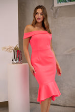 Load image into Gallery viewer, Juliette Off Shoulder Fishtail Fluro Pink Evening Dress