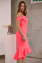 Load image into Gallery viewer, Juliette Off Shoulder Fishtail Fluro Pink Evening Dress