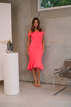 Load image into Gallery viewer, Juliette Off Shoulder Fishtail Fluro Pink Evening Dress