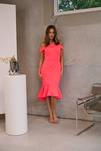 Load image into Gallery viewer, Juliette Off Shoulder Fishtail Fluro Pink Evening Dress
