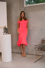 Load image into Gallery viewer, Juliette Off Shoulder Fishtail Fluro Pink Evening Dress