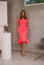 Load image into Gallery viewer, Juliette Off Shoulder Fishtail Fluro Pink Evening Dress