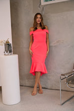 Load image into Gallery viewer, Juliette Off Shoulder Fishtail Fluro Pink Evening Dress