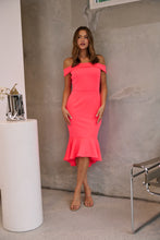 Load image into Gallery viewer, Juliette Off Shoulder Fishtail Fluro Pink Evening Dress