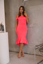 Load image into Gallery viewer, Juliette Off Shoulder Fishtail Fluro Pink Evening Dress
