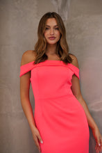 Load image into Gallery viewer, Juliette Off Shoulder Fishtail Fluro Pink Evening Dress