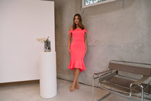 Load image into Gallery viewer, Juliette Off Shoulder Fishtail Fluro Pink Evening Dress