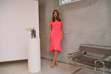 Load image into Gallery viewer, Juliette Off Shoulder Fishtail Fluro Pink Evening Dress
