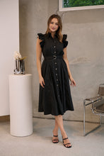 Load image into Gallery viewer, Estelle Black Collared Frill Sleeve Pleated Midi Dress
