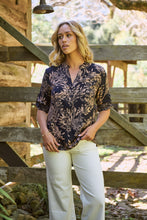 Load image into Gallery viewer, Kenzie Navy/Tan Leaf Print Johnny Collar Shirt
