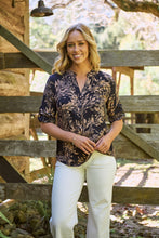 Load image into Gallery viewer, Kenzie Navy/Tan Leaf Print Johnny Collar Shirt