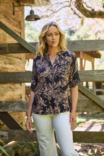 Load image into Gallery viewer, Kenzie Navy/Tan Leaf Print Johnny Collar Shirt