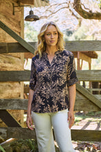 Load image into Gallery viewer, Kenzie Navy/Tan Leaf Print Johnny Collar Shirt