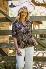 Load image into Gallery viewer, Kenzie Navy/Tan Leaf Print Johnny Collar Shirt