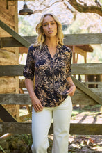 Load image into Gallery viewer, Kenzie Navy/Tan Leaf Print Johnny Collar Shirt