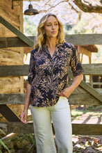 Load image into Gallery viewer, Kenzie Navy/Tan Leaf Print Johnny Collar Shirt