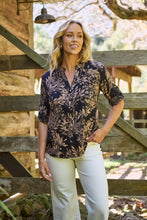 Load image into Gallery viewer, Kenzie Navy/Tan Leaf Print Johnny Collar Shirt