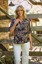 Load image into Gallery viewer, Kenzie Navy/Tan Leaf Print Johnny Collar Shirt