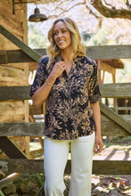 Load image into Gallery viewer, Kenzie Navy/Tan Leaf Print Johnny Collar Shirt