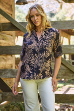 Load image into Gallery viewer, Kenzie Navy/Tan Leaf Print Johnny Collar Shirt