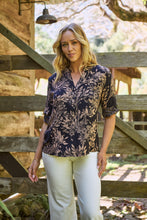 Load image into Gallery viewer, Kenzie Navy/Tan Leaf Print Johnny Collar Shirt