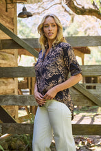 Load image into Gallery viewer, Kenzie Navy/Tan Leaf Print Johnny Collar Shirt
