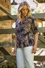 Load image into Gallery viewer, Kenzie Navy/Tan Leaf Print Johnny Collar Shirt