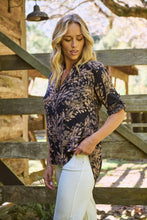 Load image into Gallery viewer, Kenzie Navy/Tan Leaf Print Johnny Collar Shirt