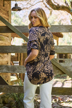 Load image into Gallery viewer, Kenzie Navy/Tan Leaf Print Johnny Collar Shirt