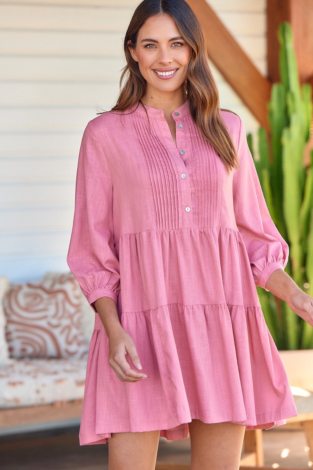 Mei Pink Long Sleeve Button Linen Dress