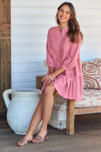 Mei Pink Long Sleeve Button Linen Dress