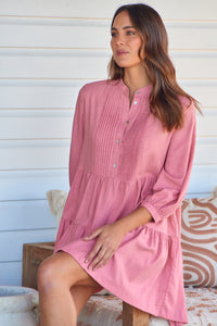 Mei Pink Long Sleeve Button Linen Dress