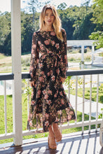 Load image into Gallery viewer, Kinsley Floral Print Black/Pink Long Sleeve Evening Dress